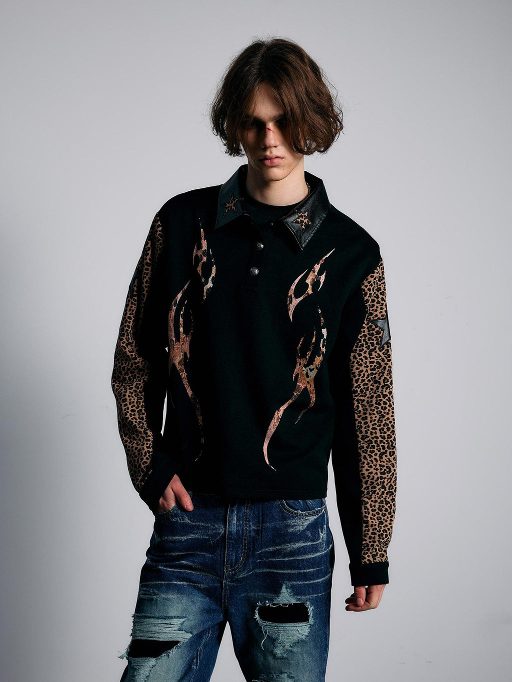 PAIKI Leopard Print Embroidered Raglan Long Sleeve Punk Women's Cotton Quarter-zip Sweatshirts