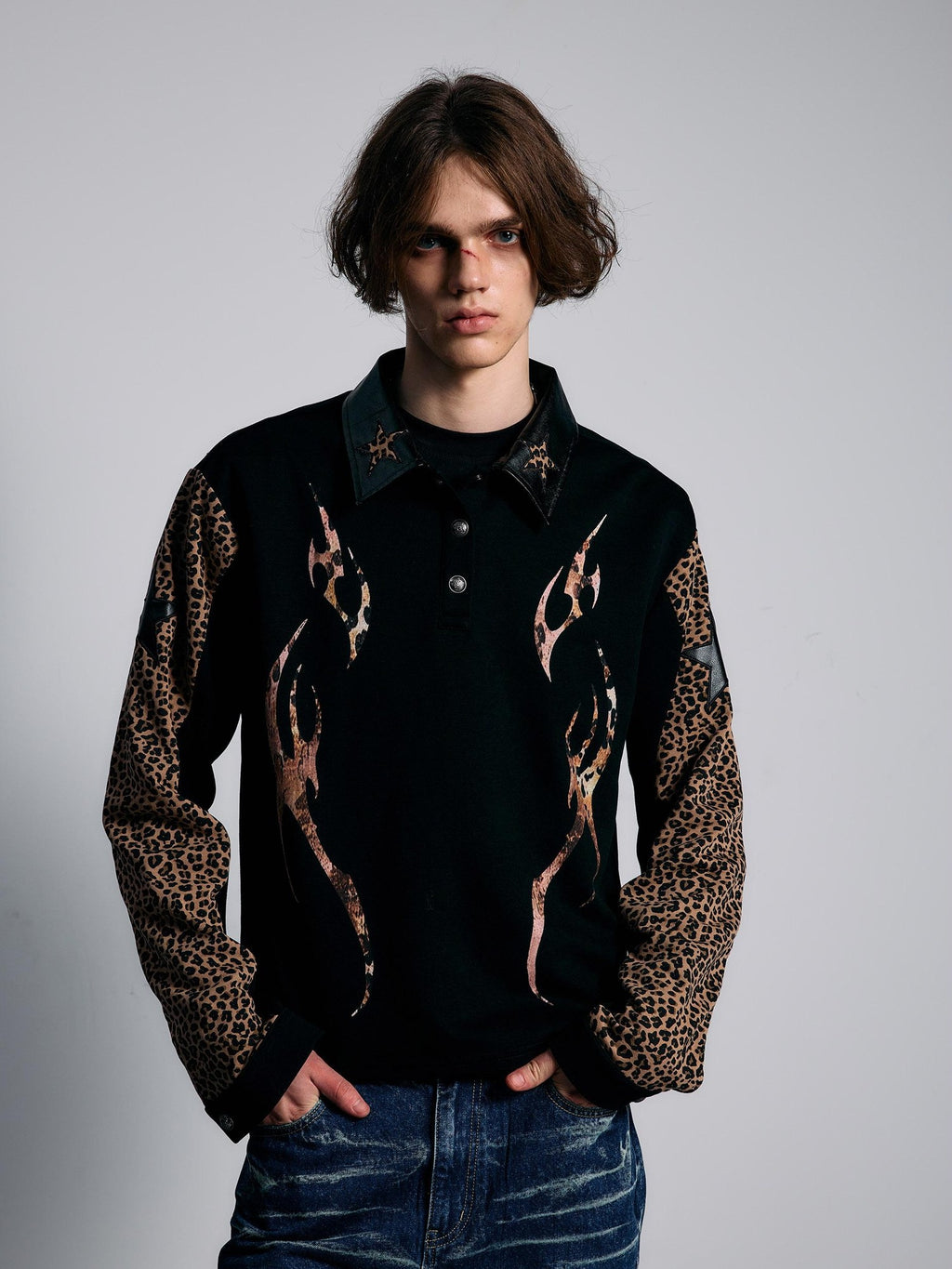 PAIKI Leopard Print Embroidered Raglan Long Sleeve Punk Women's Cotton Quarter-zip Sweatshirts