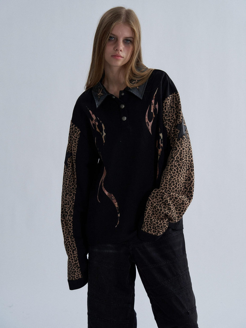 PAIKI Leopard Print Embroidered Raglan Long Sleeve Punk Women's Cotton Quarter-zip Sweatshirts