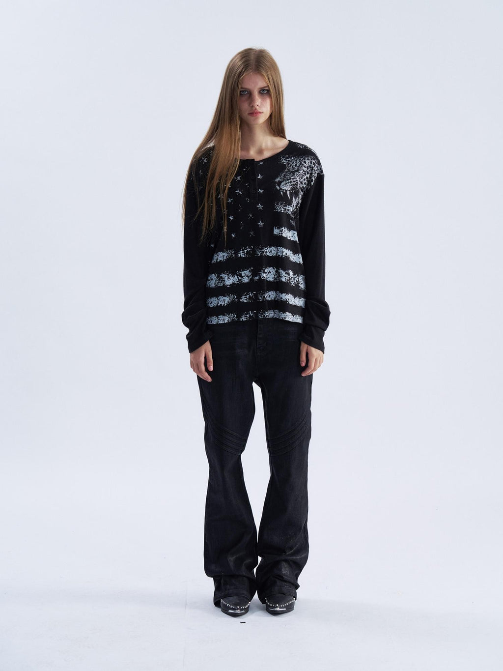 PAIKI Leopard Print Henley Neck Punk Women's Long Sleeve T-shirts
