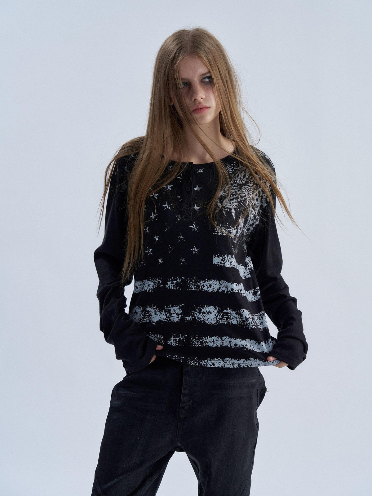 PAIKI Leopard Print Henley Neck Punk Women's Long Sleeve T-shirts