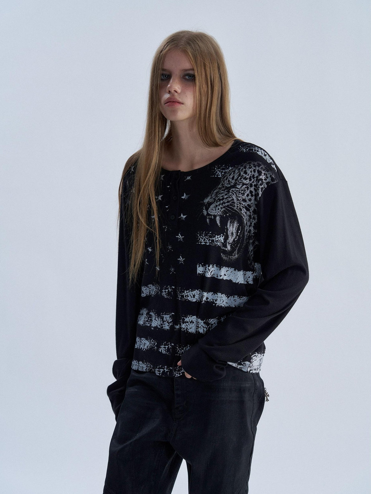 PAIKI Leopard Print Henley Neck Punk Women's Long Sleeve T-shirts