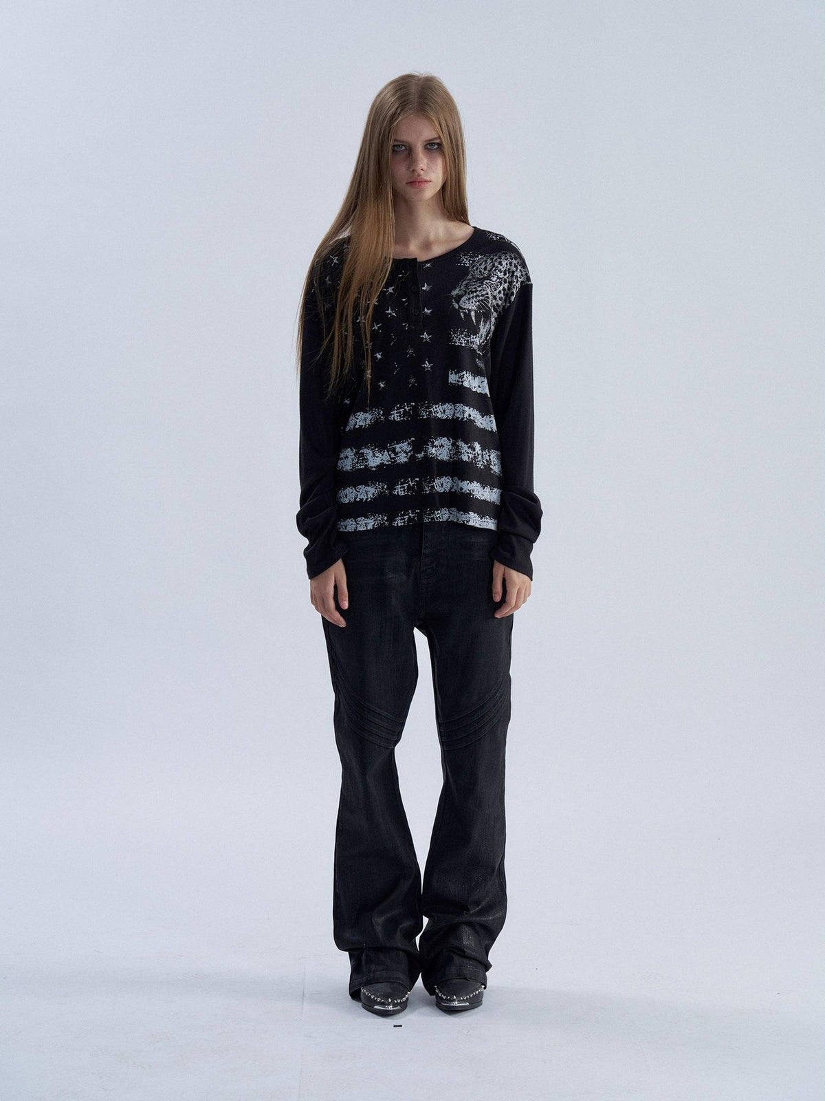 PAIKI Leopard Print Henley Neck Punk Women's Long Sleeve T-shirts
