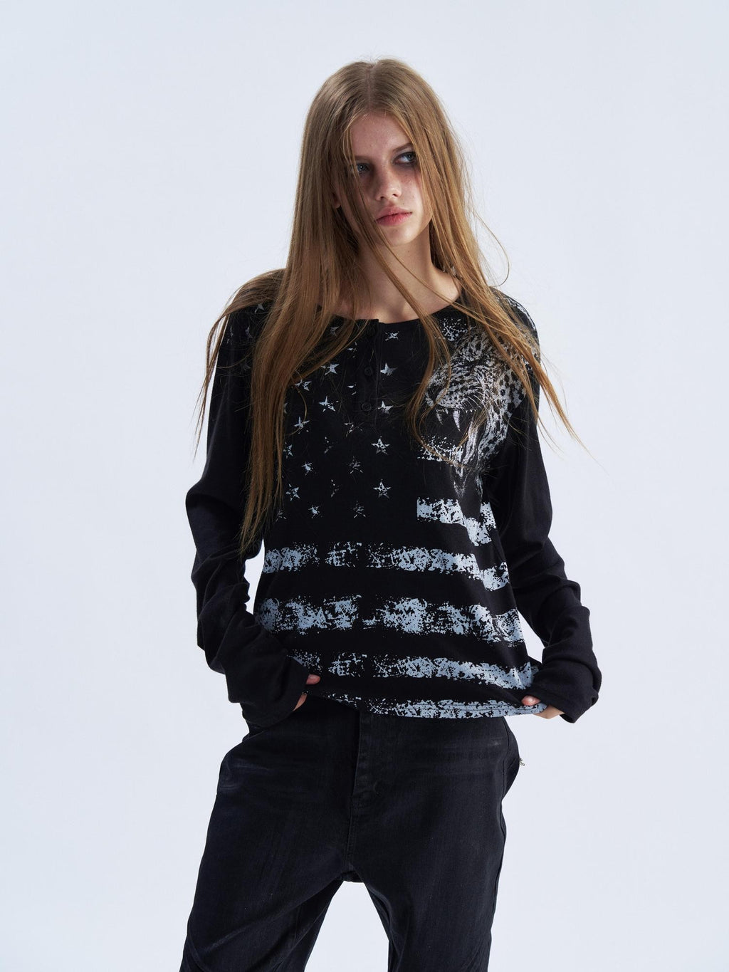 PAIKI Leopard Print Henley Neck Punk Women's Long Sleeve T-shirts