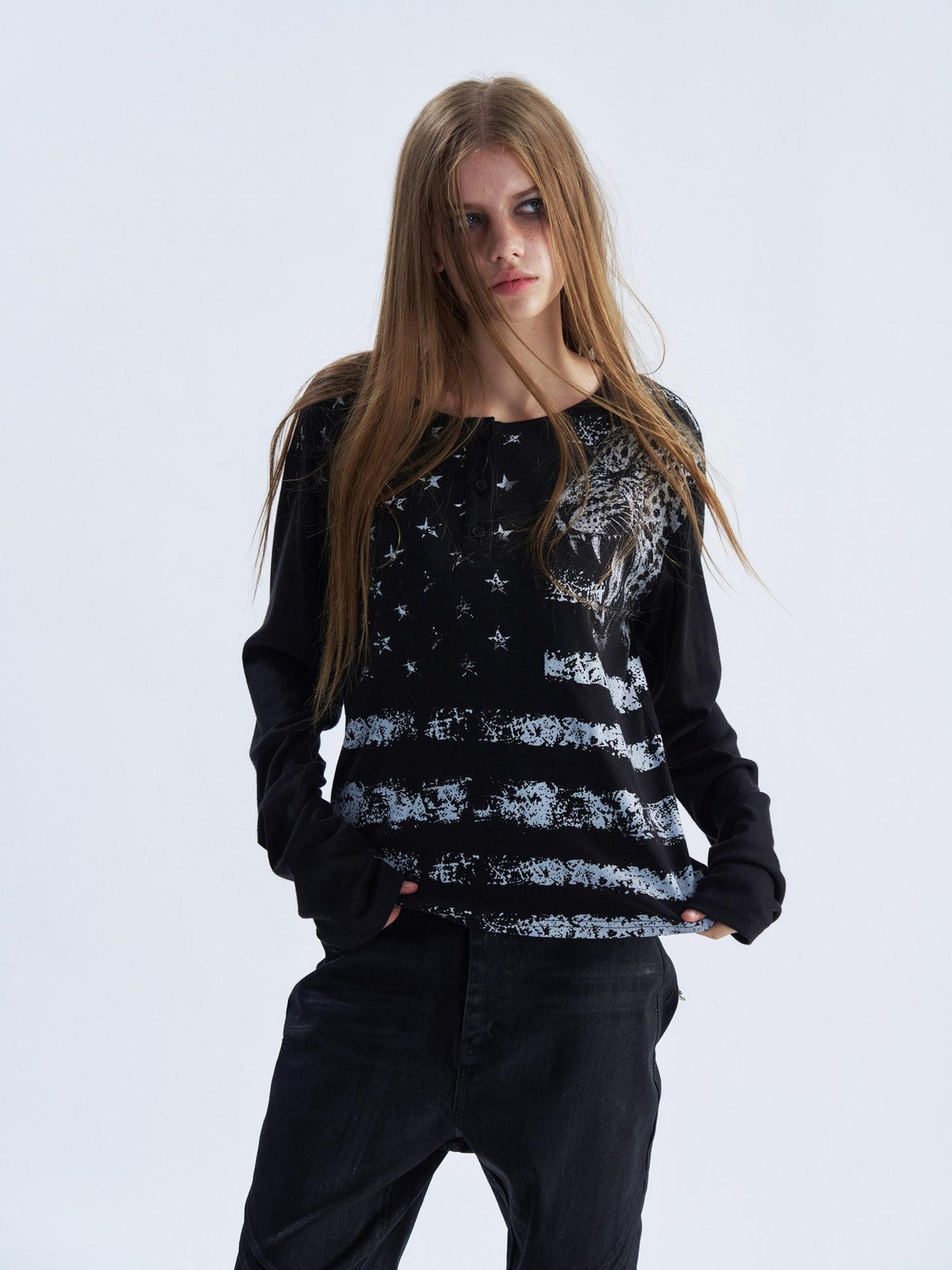PAIKI Leopard Print Henley Neck Punk Women's Long Sleeve T-shirts