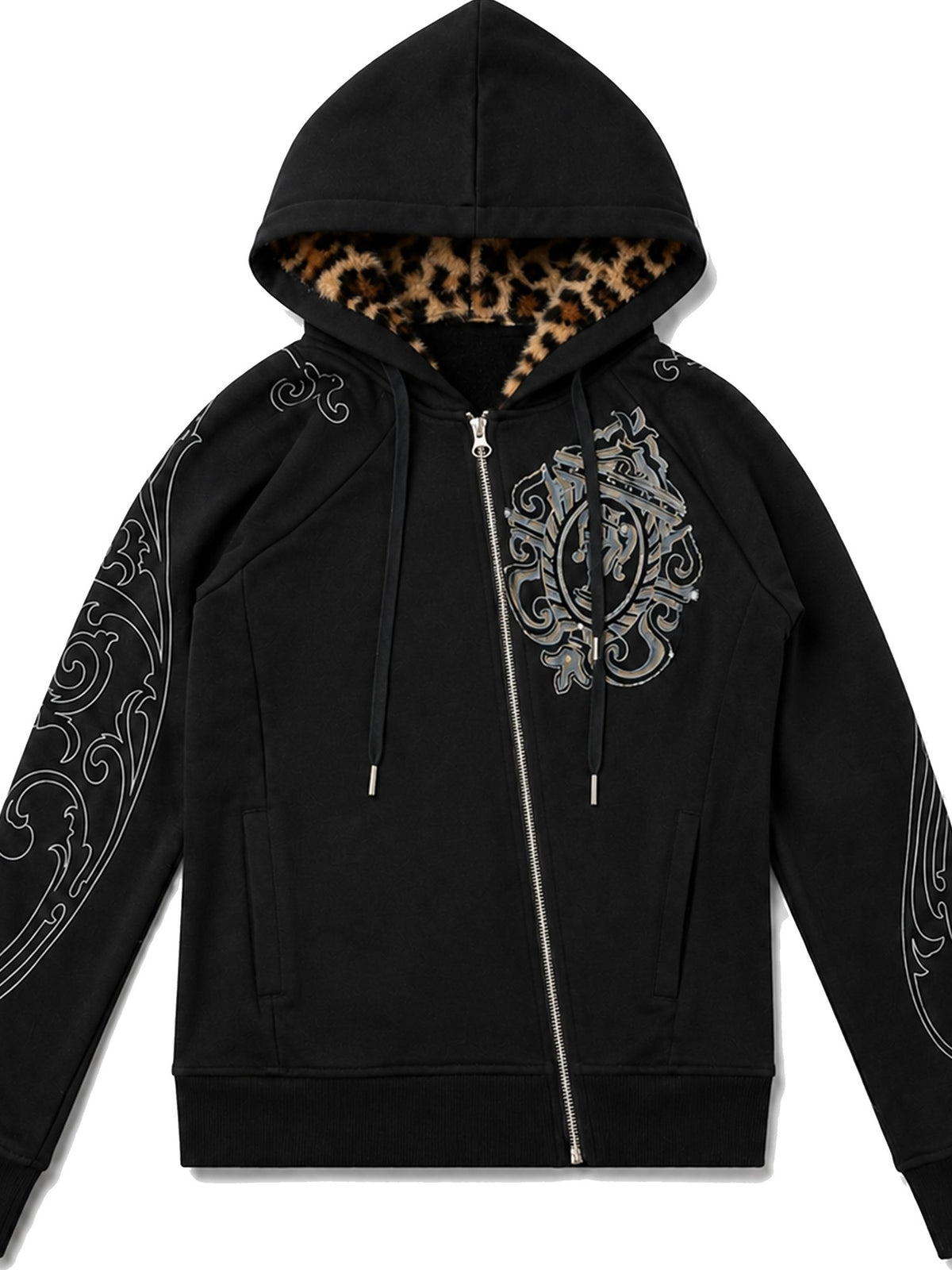 PAIKI Leopard Print Rhinestone Graphic Women's Cotton Zip-up Hoodies