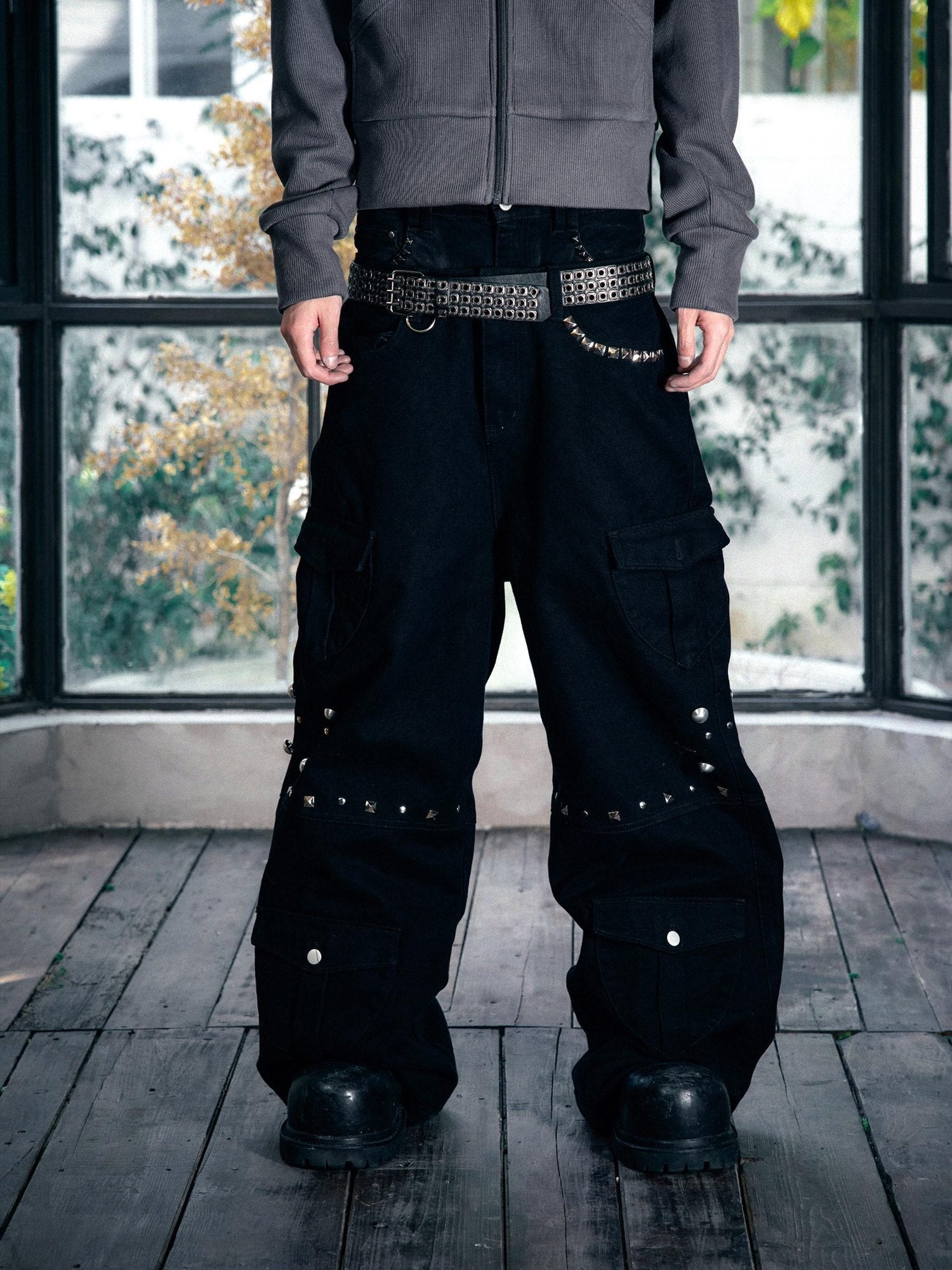 PAIKI Loose Fit Cargo Sculpted Detail Everyday Casual Black Polyester Wide-Leg Pants