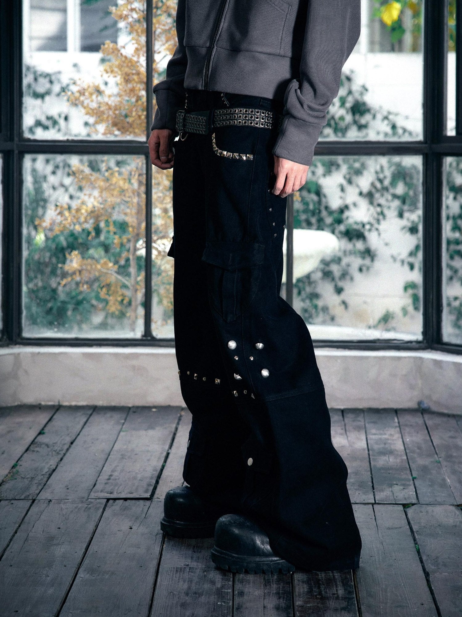 PAIKI Loose Fit Cargo Sculpted Detail Everyday Casual Black Polyester Wide-Leg Pants