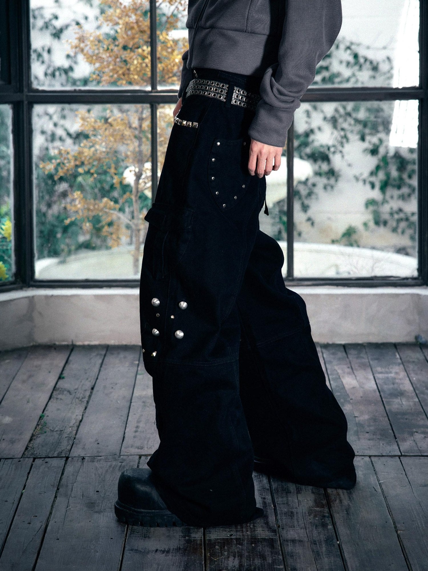 PAIKI Loose Fit Cargo Sculpted Detail Everyday Casual Black Polyester Wide-Leg Pants