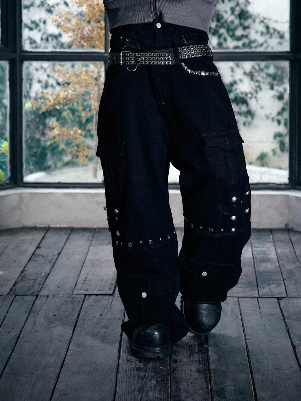 PAIKI Loose Fit Cargo Sculpted Detail Everyday Casual Black Polyester Wide-Leg Pants