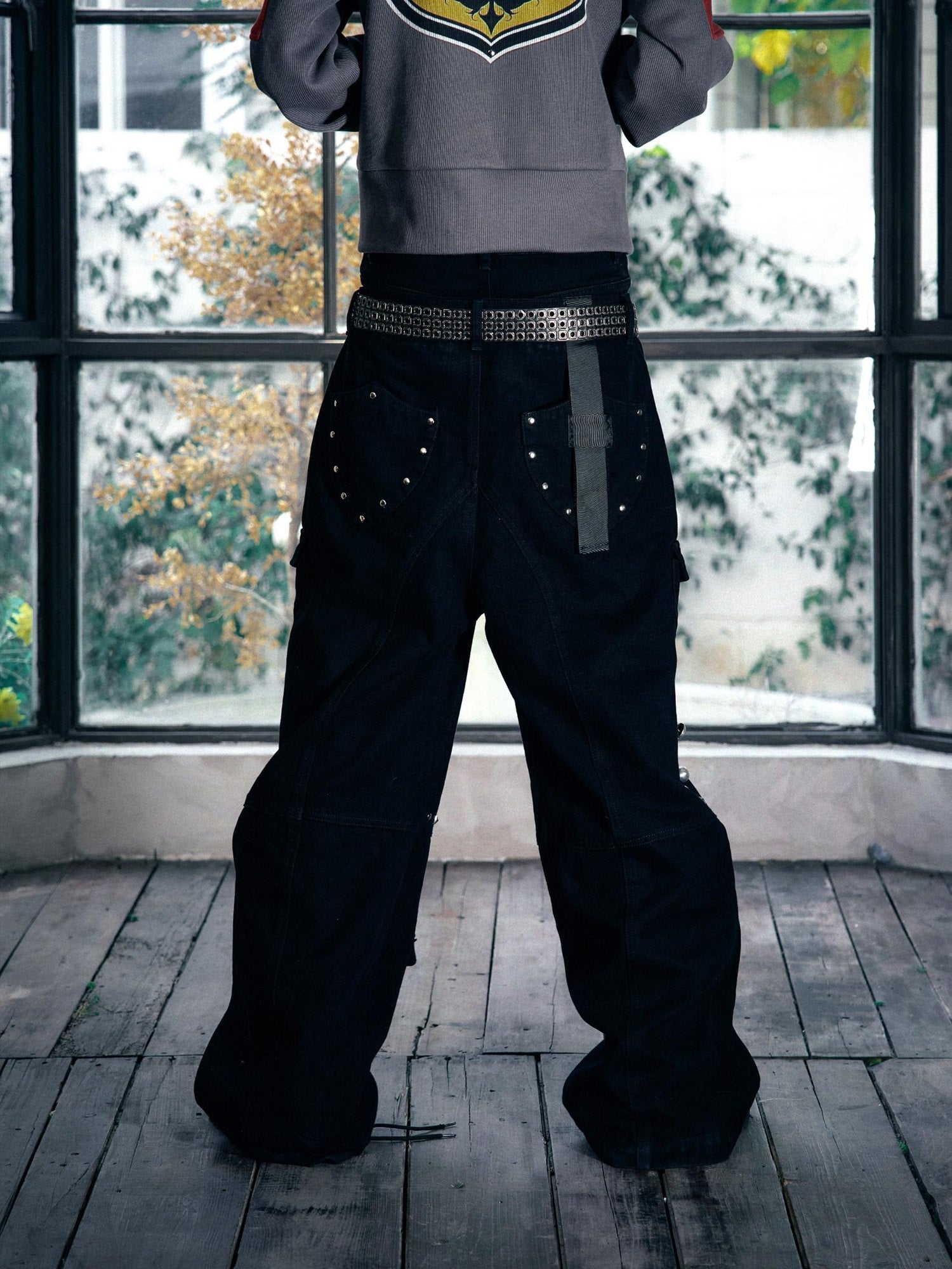 PAIKI Loose Fit Cargo Sculpted Detail Everyday Casual Black Polyester Wide-Leg Pants