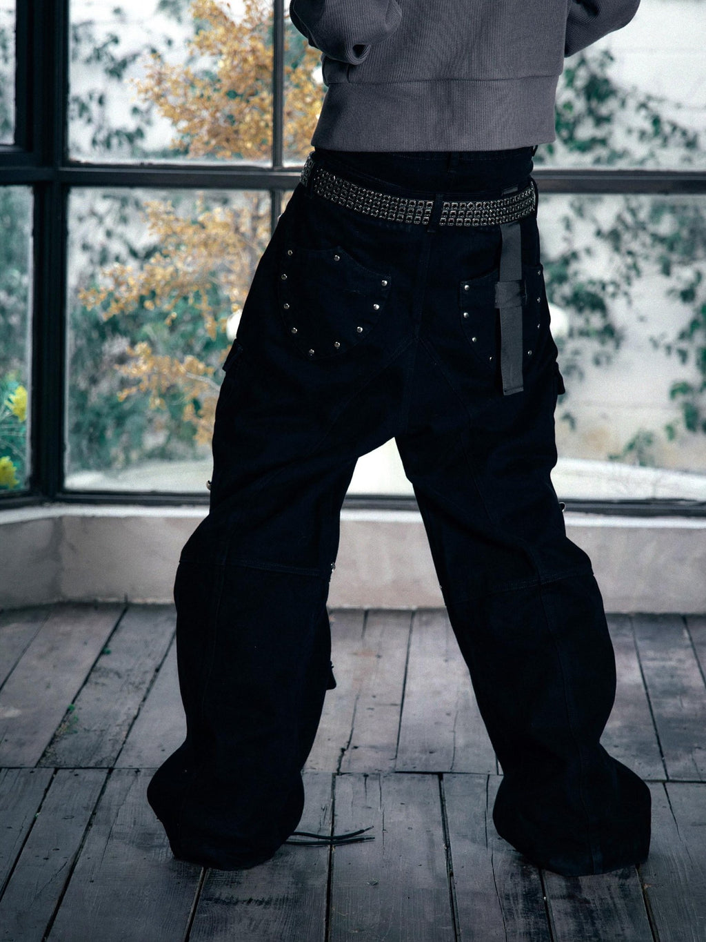 PAIKI Loose Fit Cargo Sculpted Detail Everyday Casual Black Polyester Wide-Leg Pants