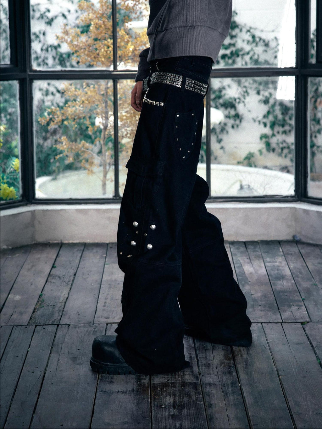 PAIKI Loose Fit Cargo Sculpted Detail Everyday Casual Black Polyester Wide-Leg Pants