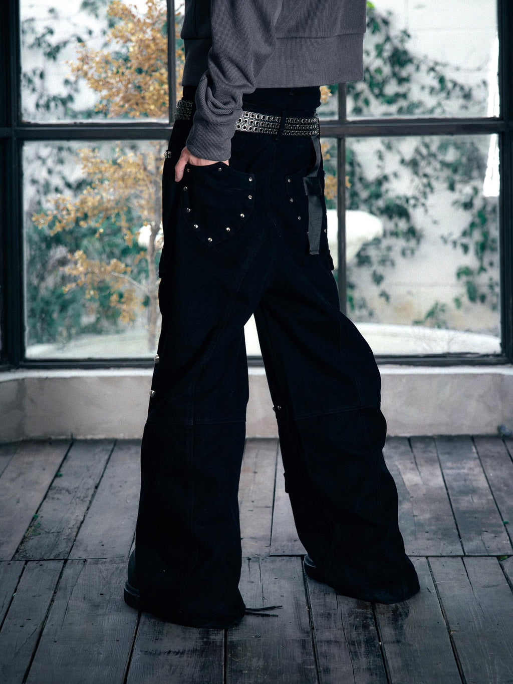 PAIKI Loose Fit Cargo Sculpted Detail Everyday Casual Black Polyester Wide-Leg Pants