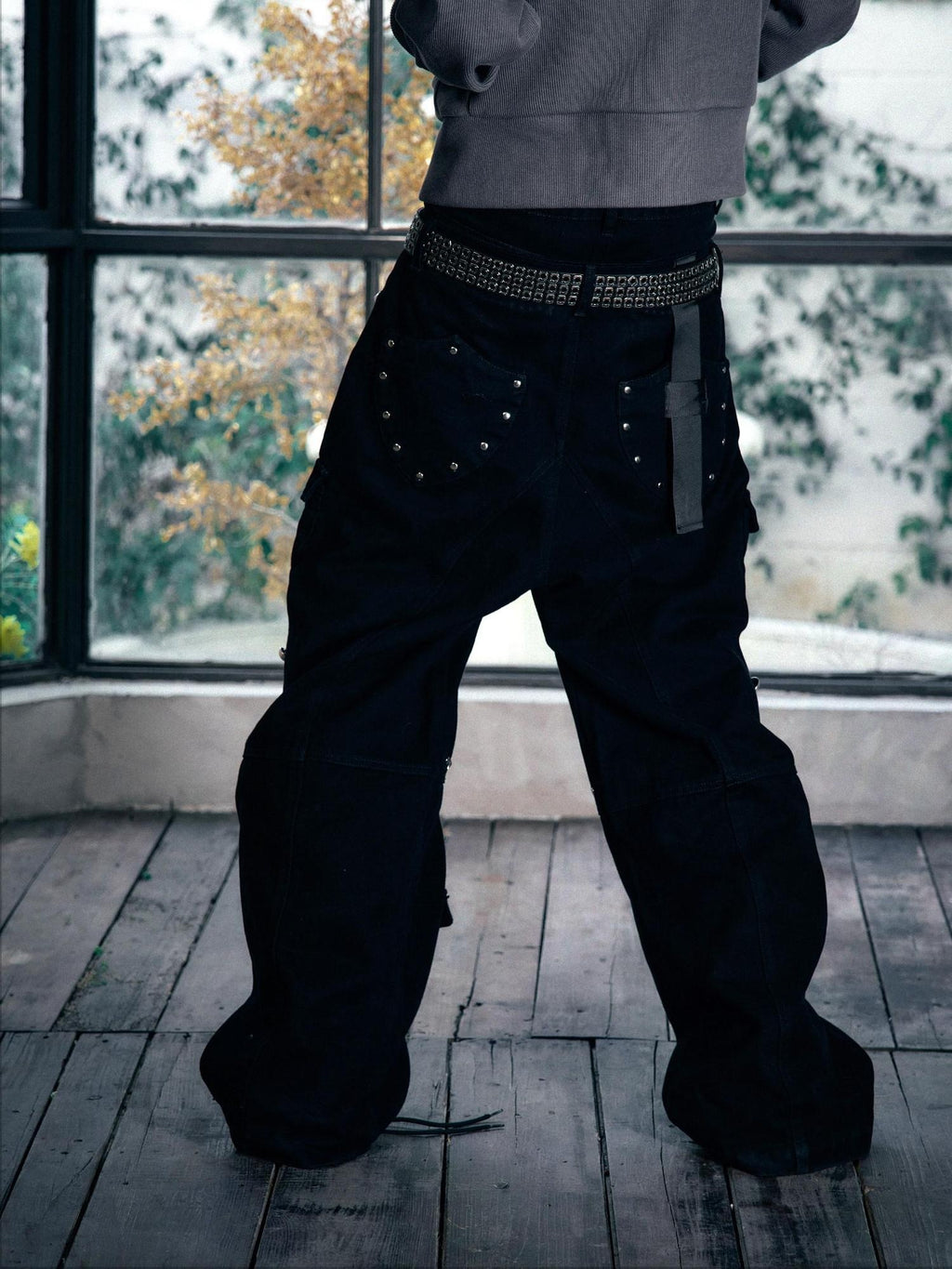 PAIKI Loose Fit Cargo Sculpted Detail Everyday Casual Black Polyester Wide-Leg Pants
