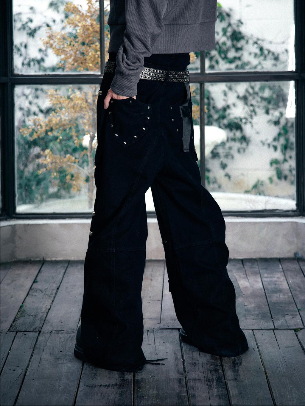 PAIKI Loose Fit Cargo Sculpted Detail Everyday Casual Black Polyester Wide-Leg Pants