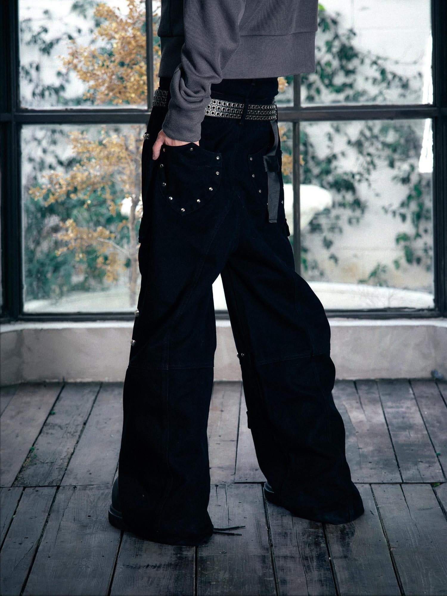 PAIKI Loose Fit Cargo Sculpted Detail Everyday Casual Black Polyester Wide-Leg Pants