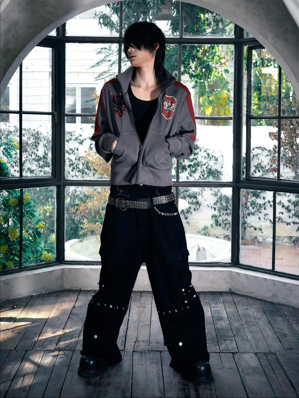 PAIKI Loose Fit Cargo Sculpted Detail Everyday Casual Black Polyester Wide-Leg Pants