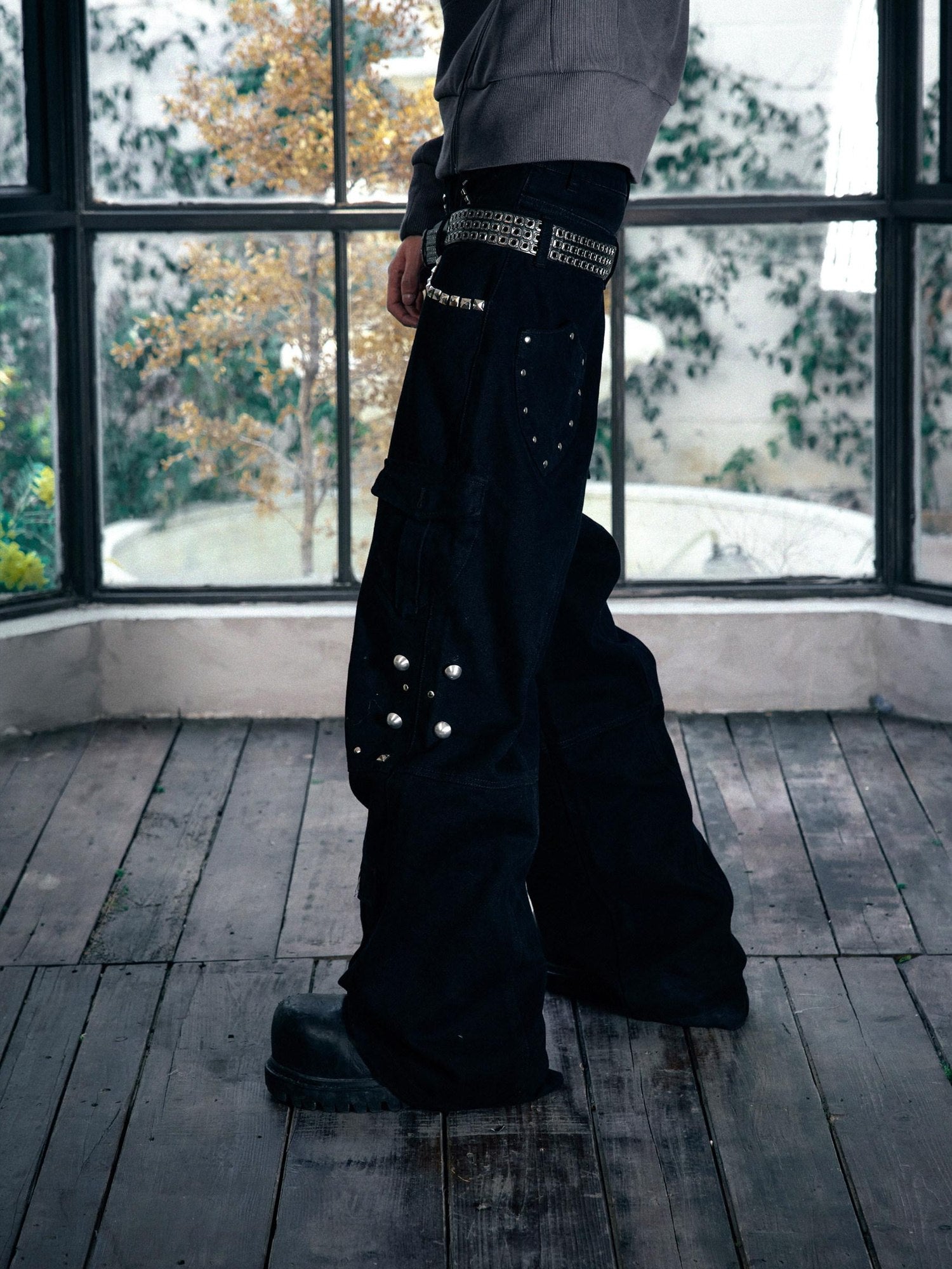 PAIKI Loose Fit Cargo Sculpted Detail Everyday Casual Black Polyester Wide-Leg Pants