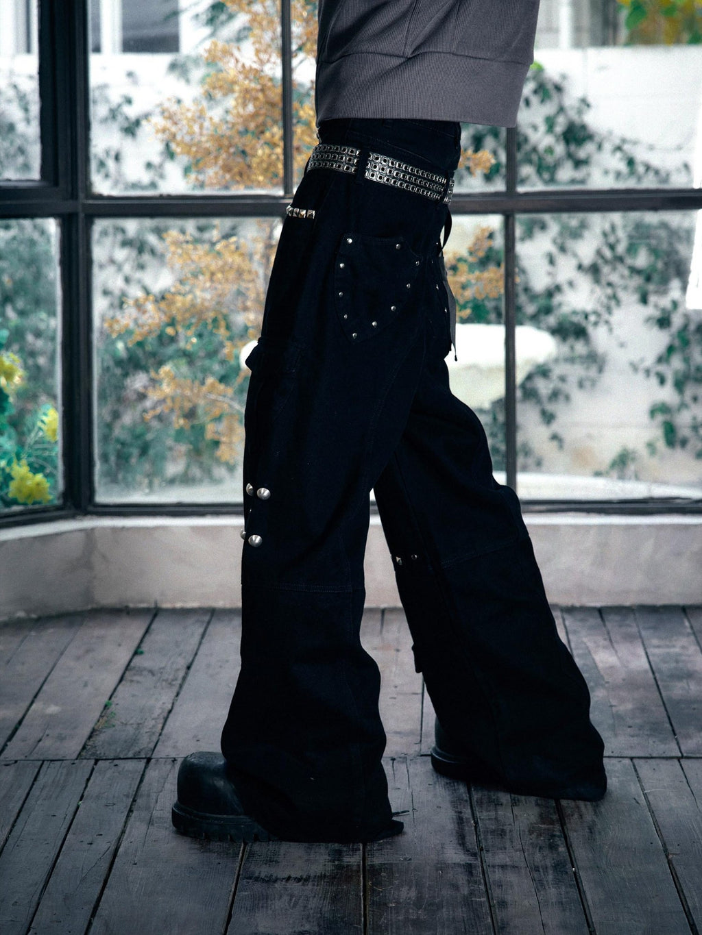 PAIKI Loose Fit Cargo Sculpted Detail Everyday Casual Black Polyester Wide-Leg Pants