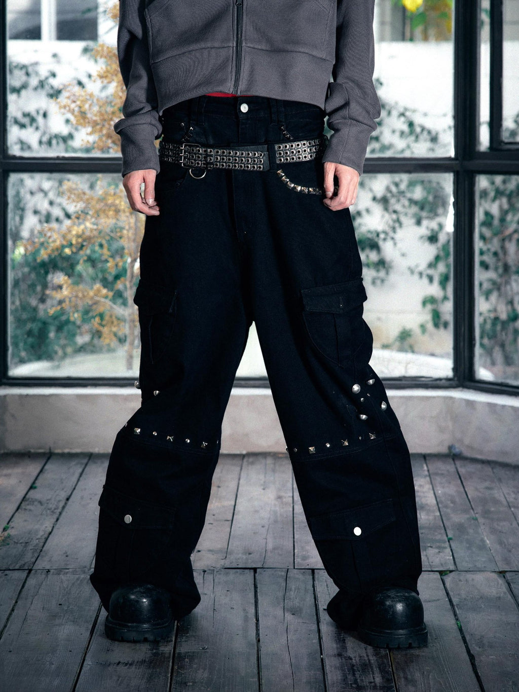 PAIKI Loose Fit Cargo Sculpted Detail Everyday Casual Black Polyester Wide-Leg Pants