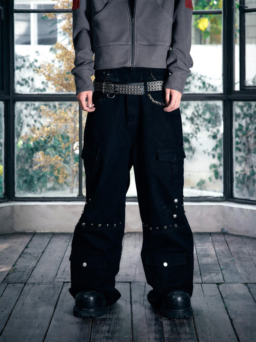 PAIKI Loose Fit Cargo Sculpted Detail Everyday Casual Black Polyester Wide-Leg Pants