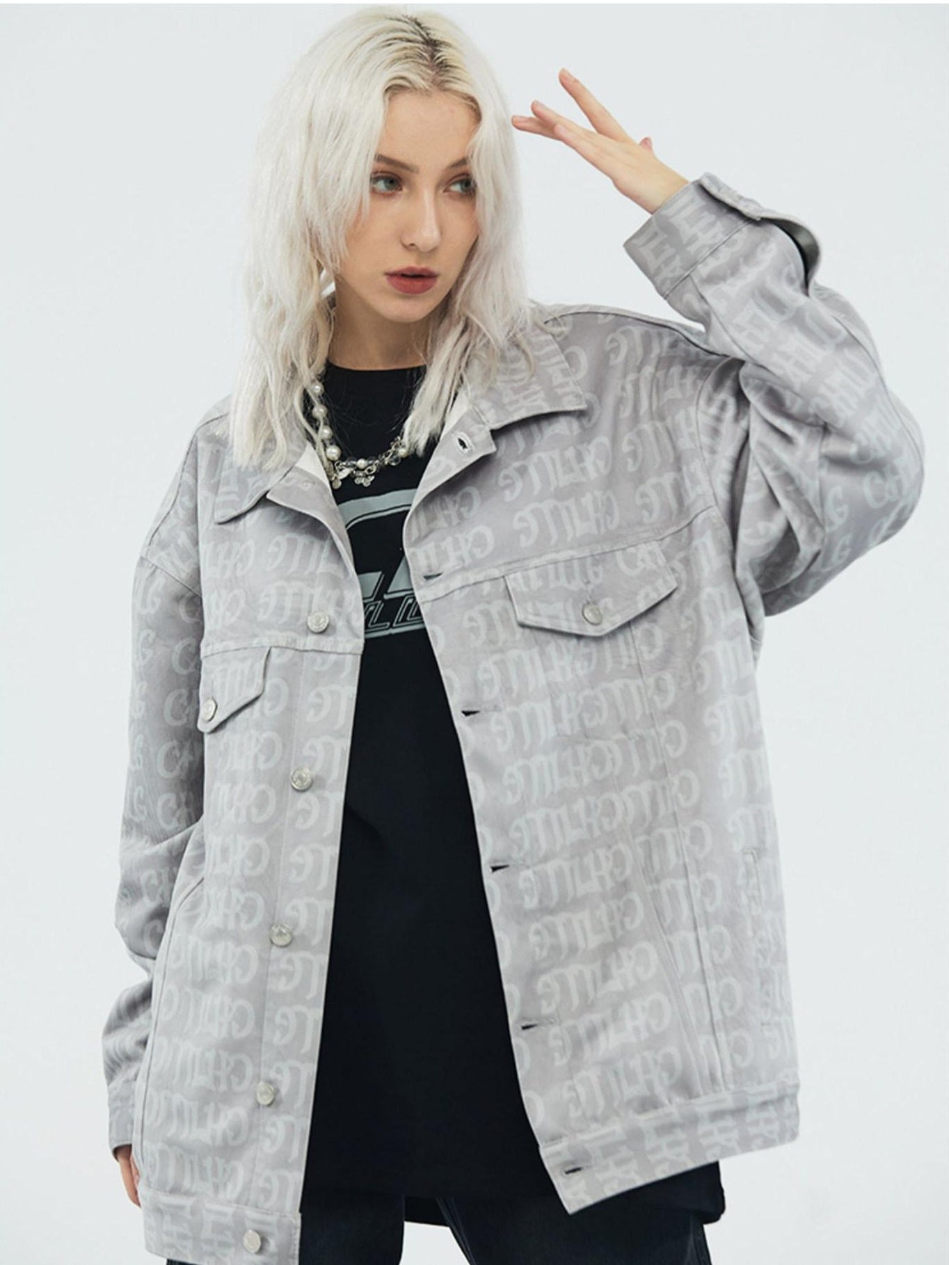 PAIKI Loose Fit Suede Printed Logo Unisex Raglan Lapel Grey Pockets Casual Jackets