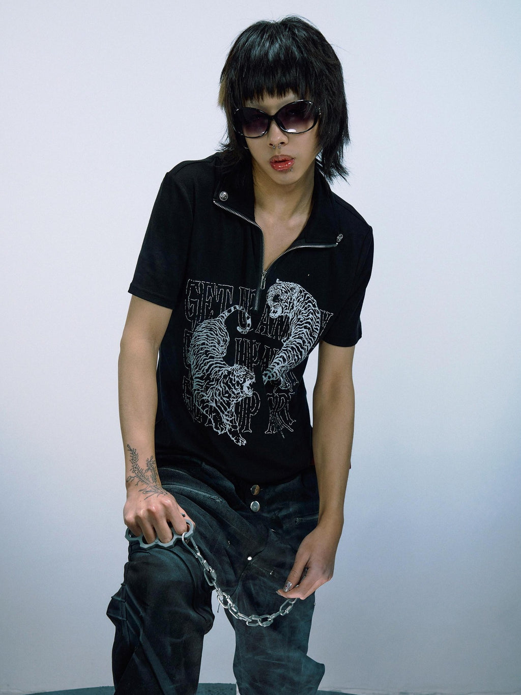 PAIKI Lyocell Cotton Blend Animal Print Slim Henley Zipper Short Sleeve T-Shirts