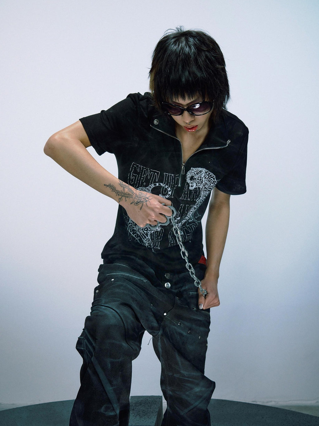 PAIKI Lyocell Cotton Blend Animal Print Slim Henley Zipper Short Sleeve T-Shirts