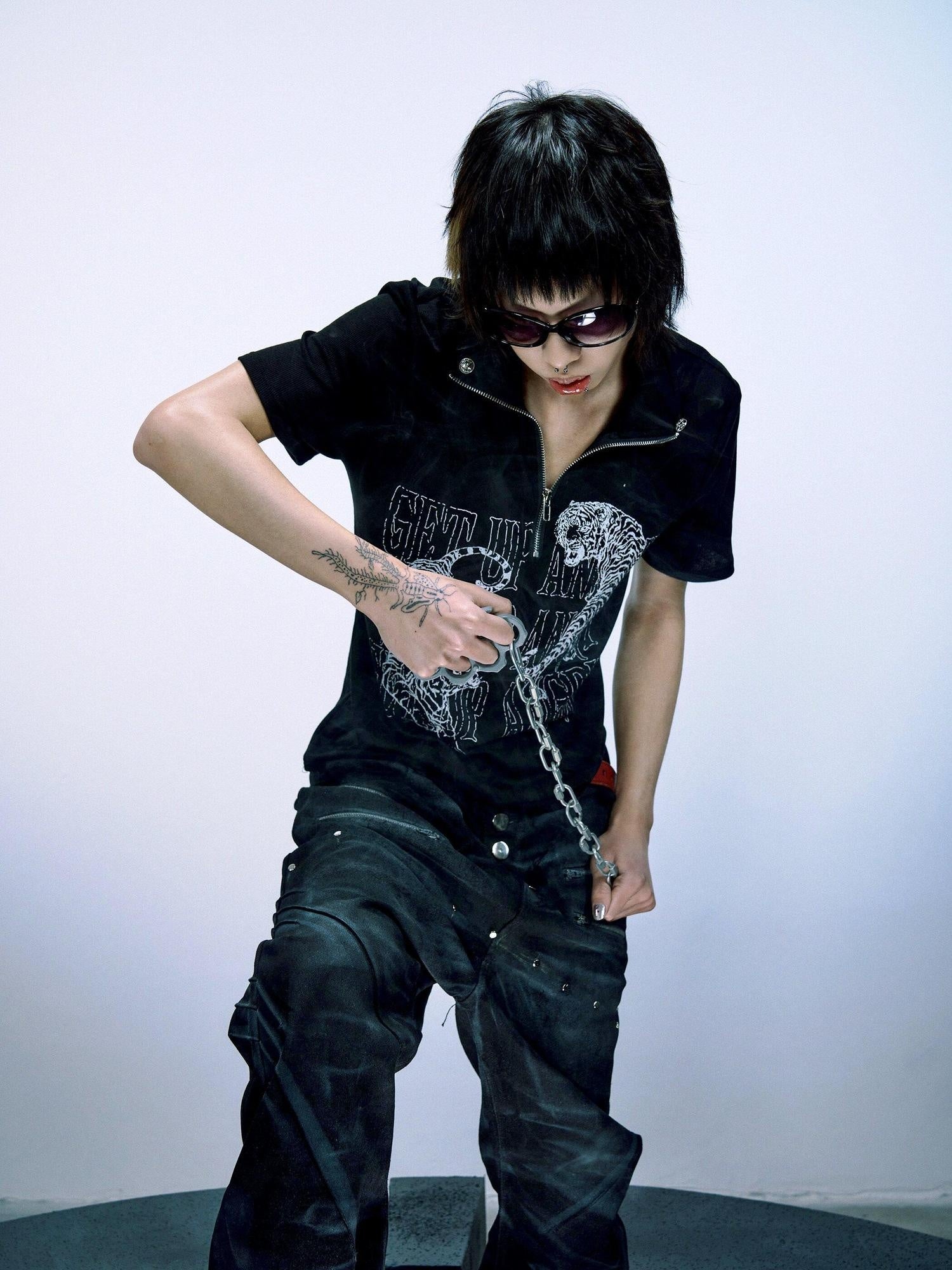 PAIKI Lyocell Cotton Blend Animal Print Slim Henley Zipper Short Sleeve T-Shirts