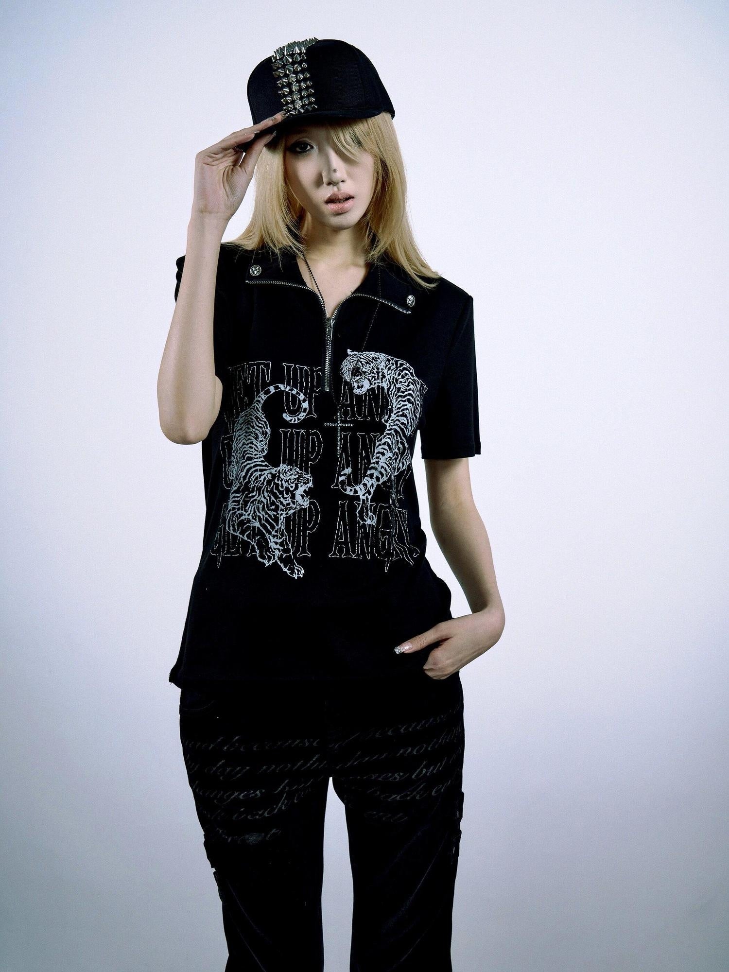 PAIKI Lyocell Cotton Blend Animal Print Slim Henley Zipper Short Sleeve T-Shirts