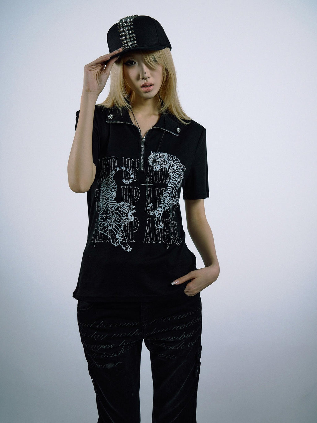 PAIKI Lyocell Cotton Blend Animal Print Slim Henley Zipper Short Sleeve T-Shirts