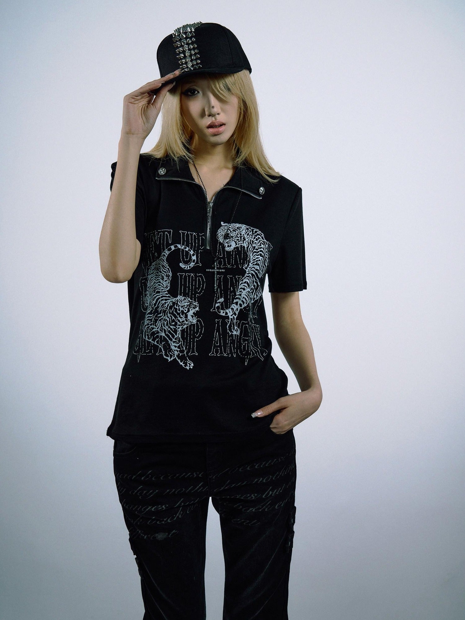 PAIKI Lyocell Cotton Blend Animal Print Slim Henley Zipper Short Sleeve T-Shirts