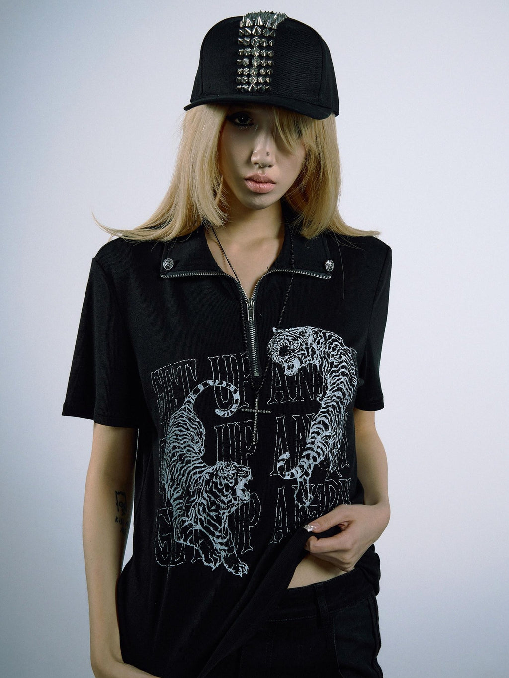 PAIKI Lyocell Cotton Blend Animal Print Slim Henley Zipper Short Sleeve T-Shirts