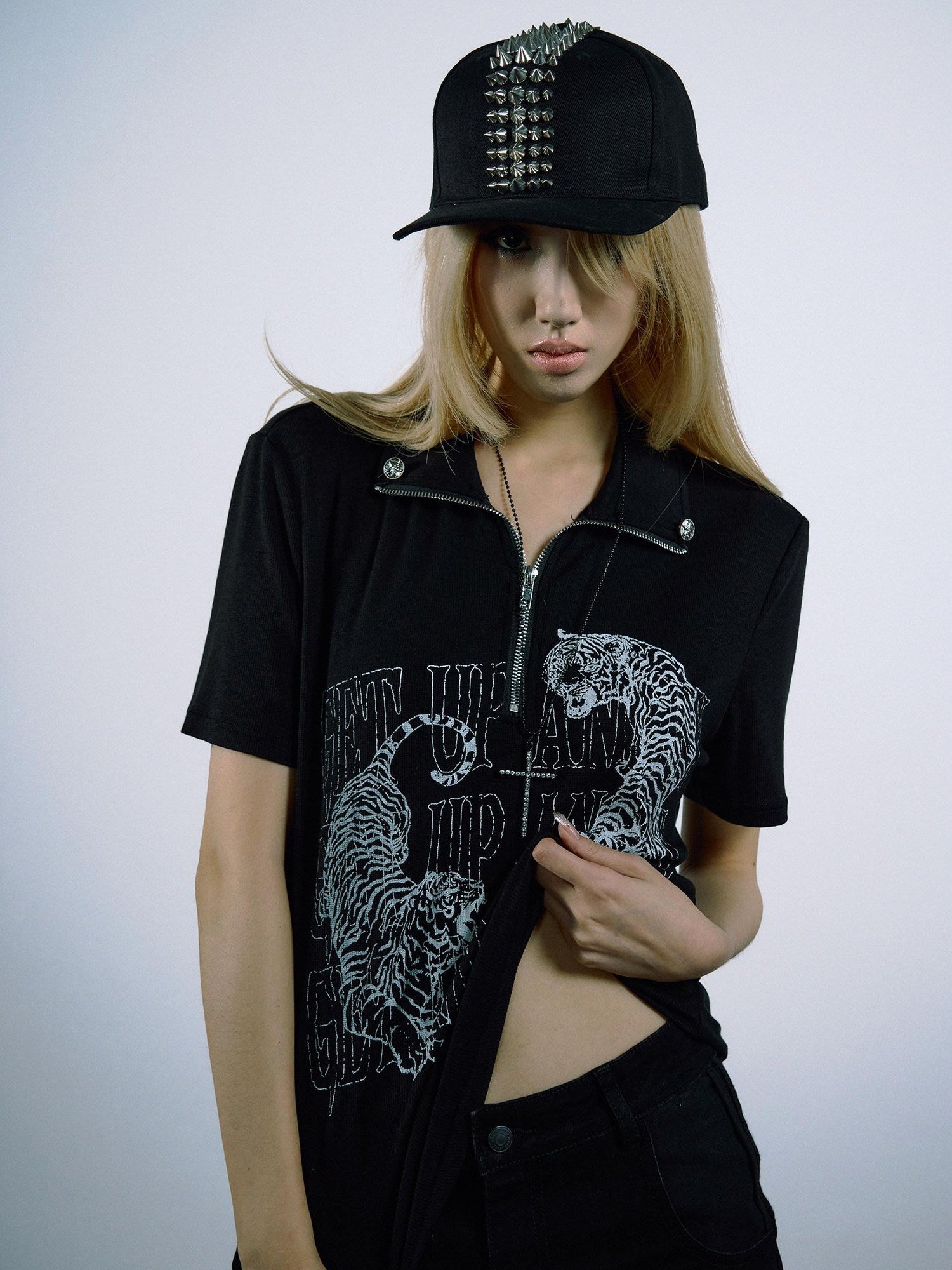 PAIKI Lyocell Cotton Blend Animal Print Slim Henley Zipper Short Sleeve T-Shirts