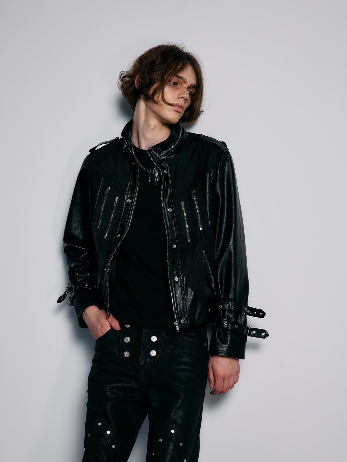PAIKI Matte Geometric Lace Up Structured Slim Fit Women's Pu Leather Jackets