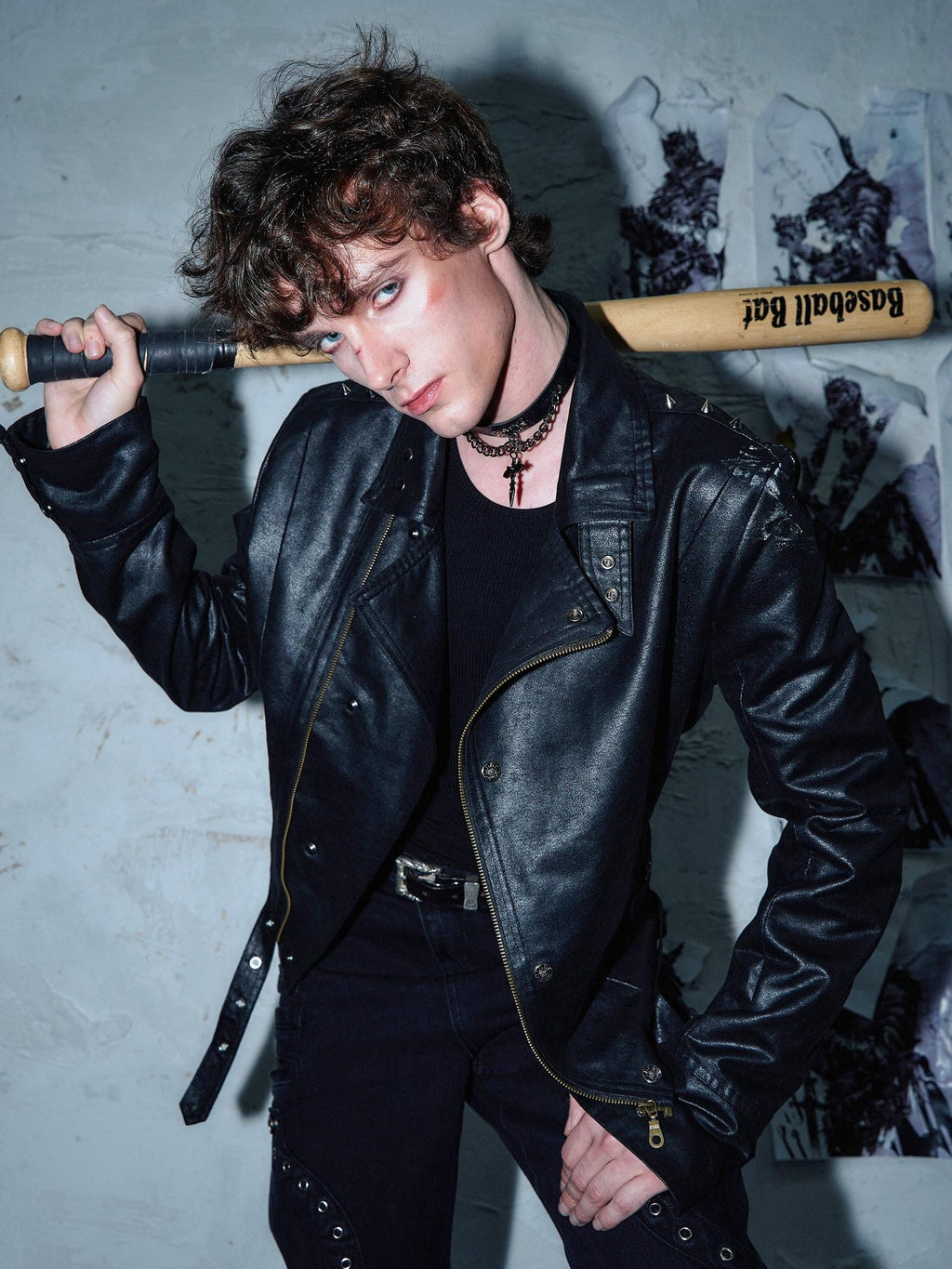 PAIKI Matte Pu Slim Fit Teen Casual Lapel Graphic Metal Cuff Black Leather Jackets