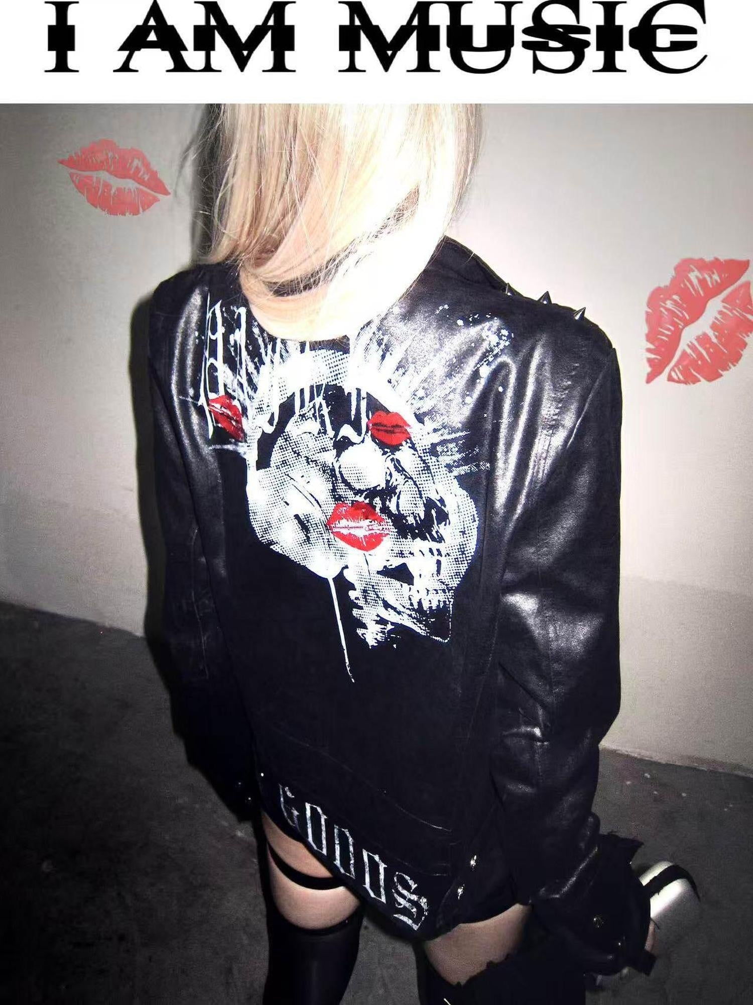 PAIKI Matte Pu Slim Fit Teen Casual Lapel Graphic Metal Cuff Black Leather Jackets