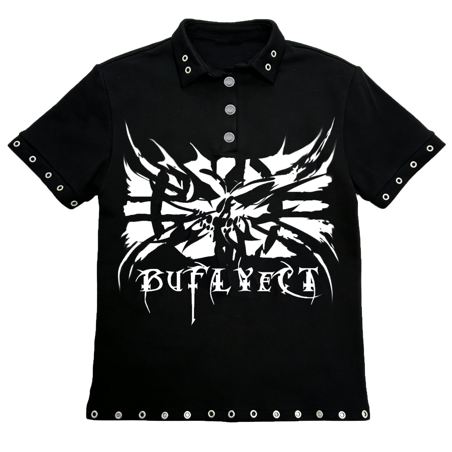 PAIKI_Metal_Accent_Print_Slim_Fit_Button_Unisex_Black_Short_Sleeve_T-Shirts_MISSTT