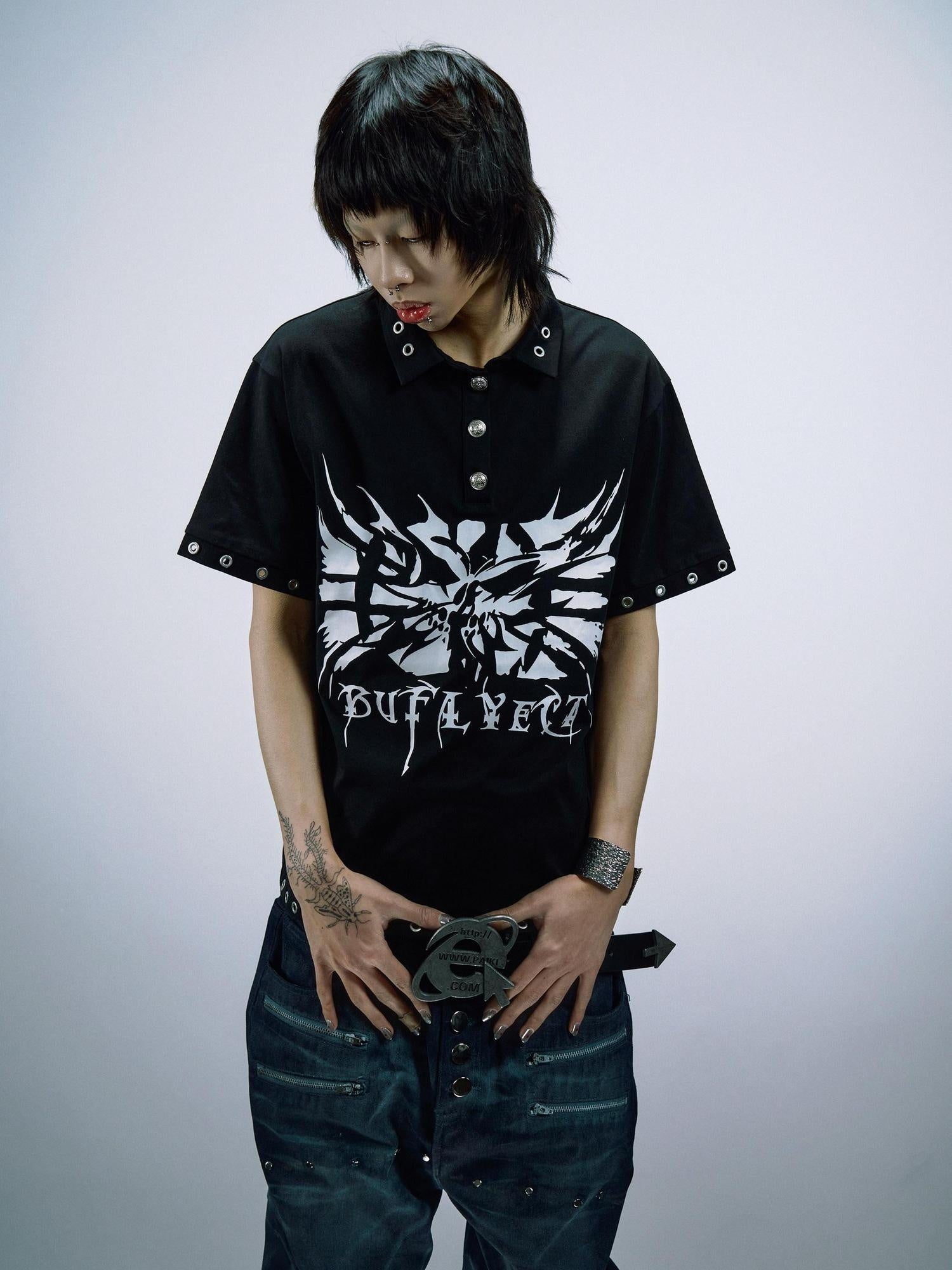 PAIKI Metal Accent Print Slim Fit Button Unisex Black Short Sleeve T-Shirts