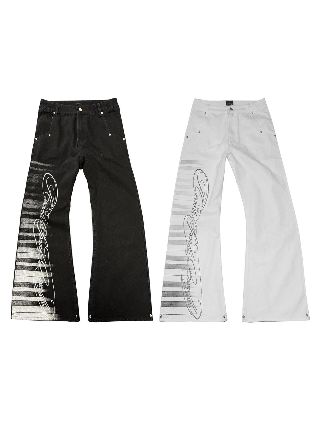 PAIKI Metal Accents Rock Letter Print Mid Rise Micro Flare Cotton Flare Jeans