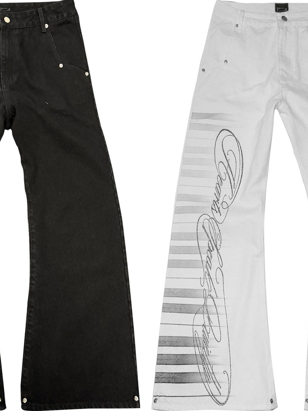 PAIKI Metal Accents Rock Letter Print Mid Rise Micro Flare Cotton Flare Jeans