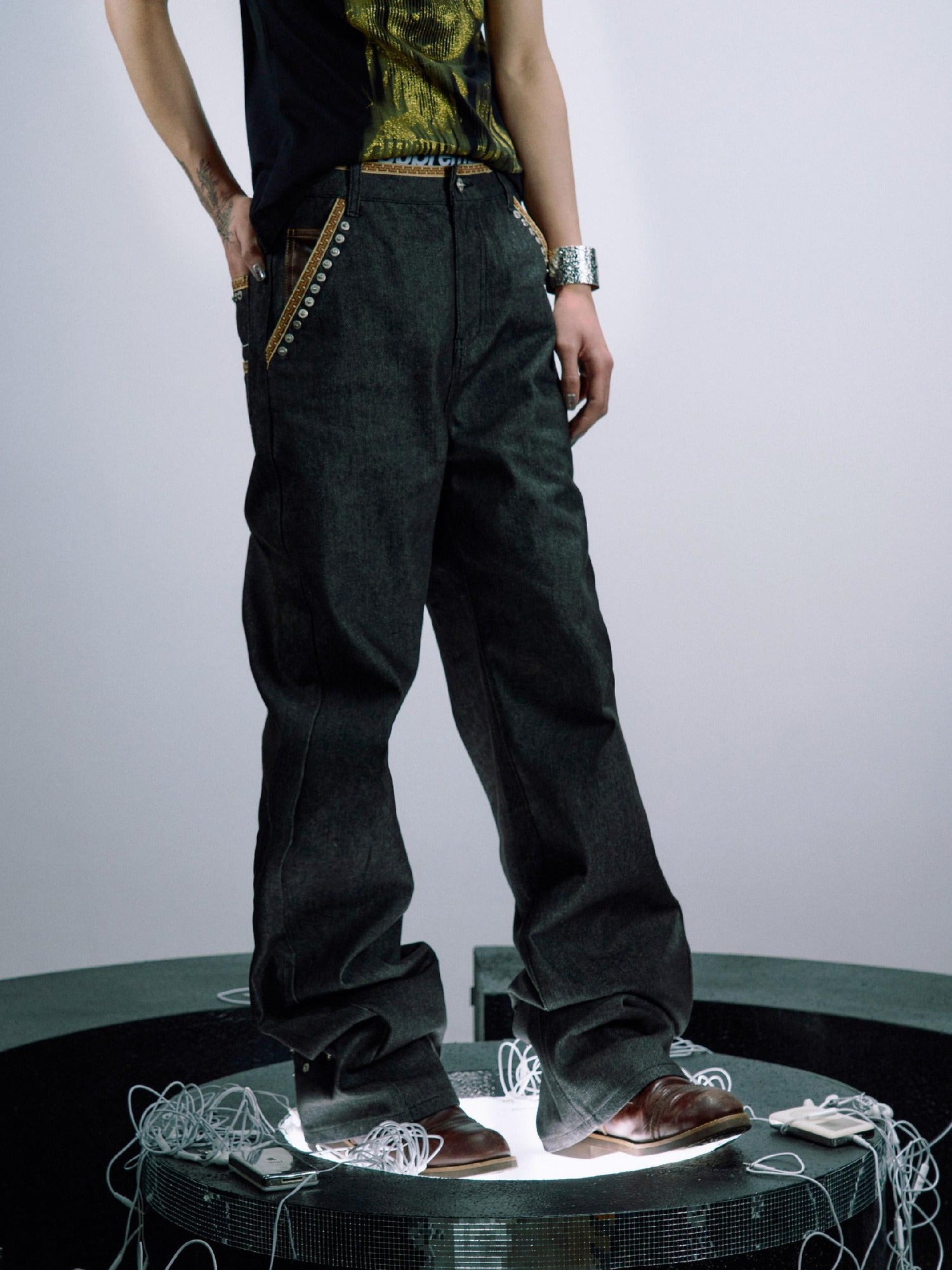 PAIKI Metal Beaded Mid Rise Loose Denim Micro Stretch Unisex Flare Jeans