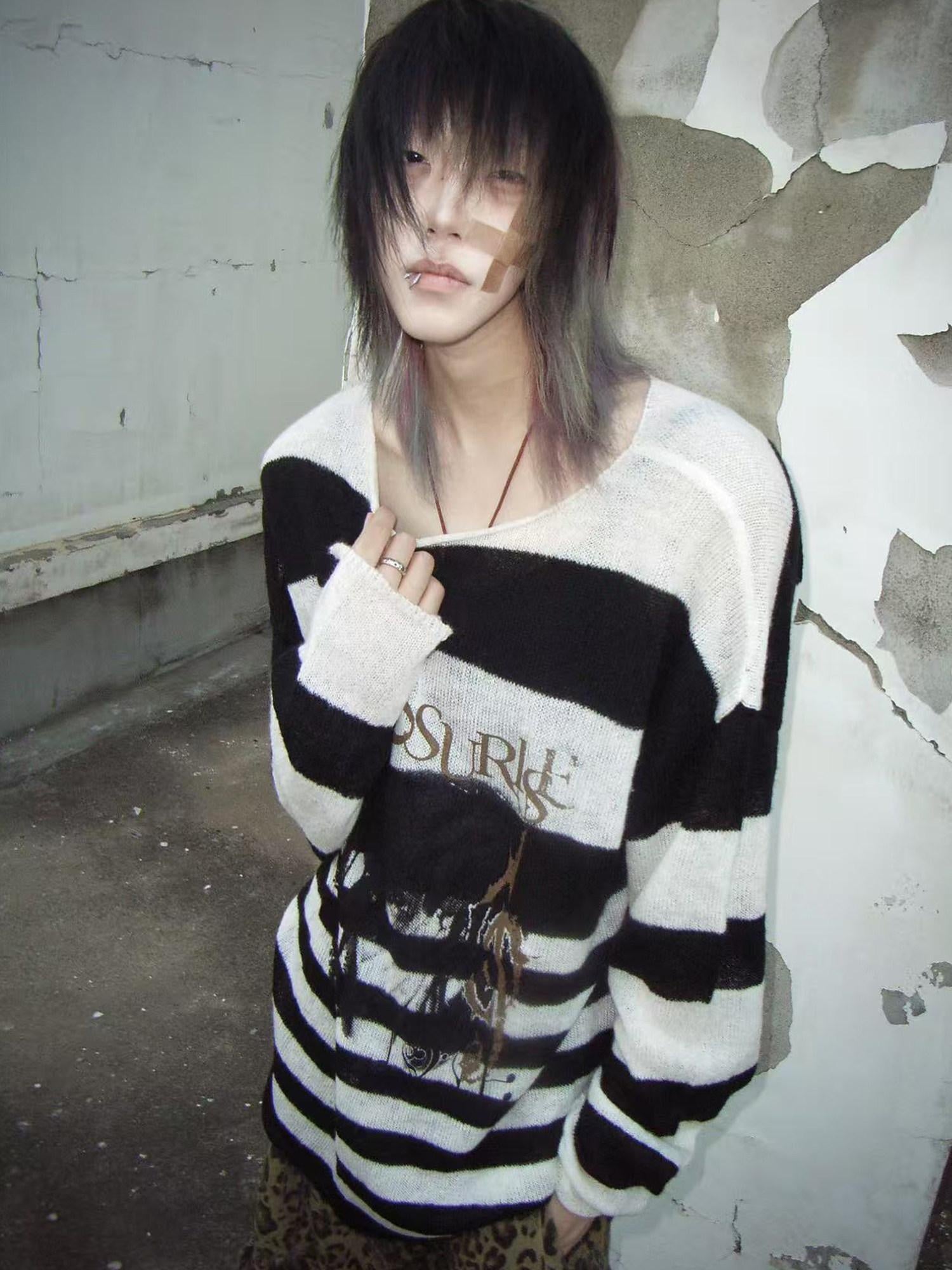 PAIKI Minimal Commuter Letter Print Black White Stripes Unisex Knit Sweaters