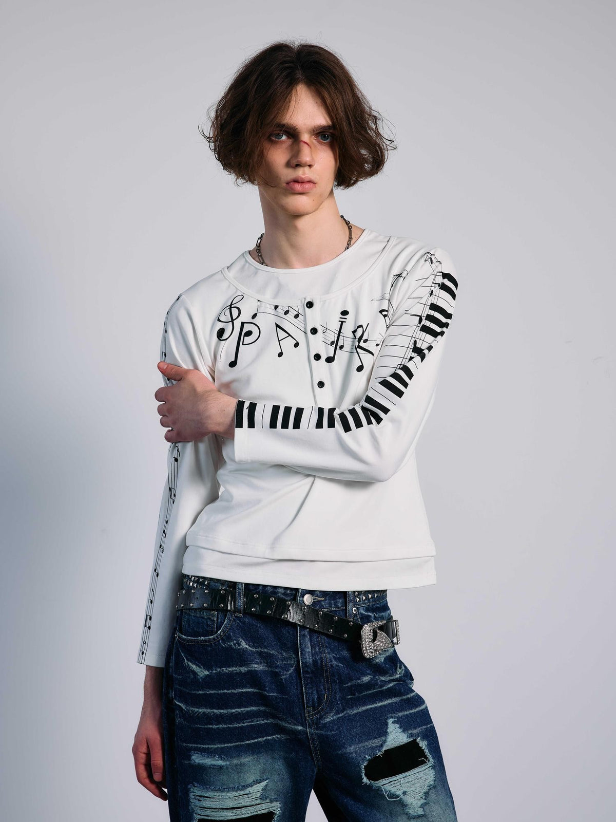 PAIKI Music Note Piano Print Faux Layer Women's Slim Fit Long Sleeve T-shirts