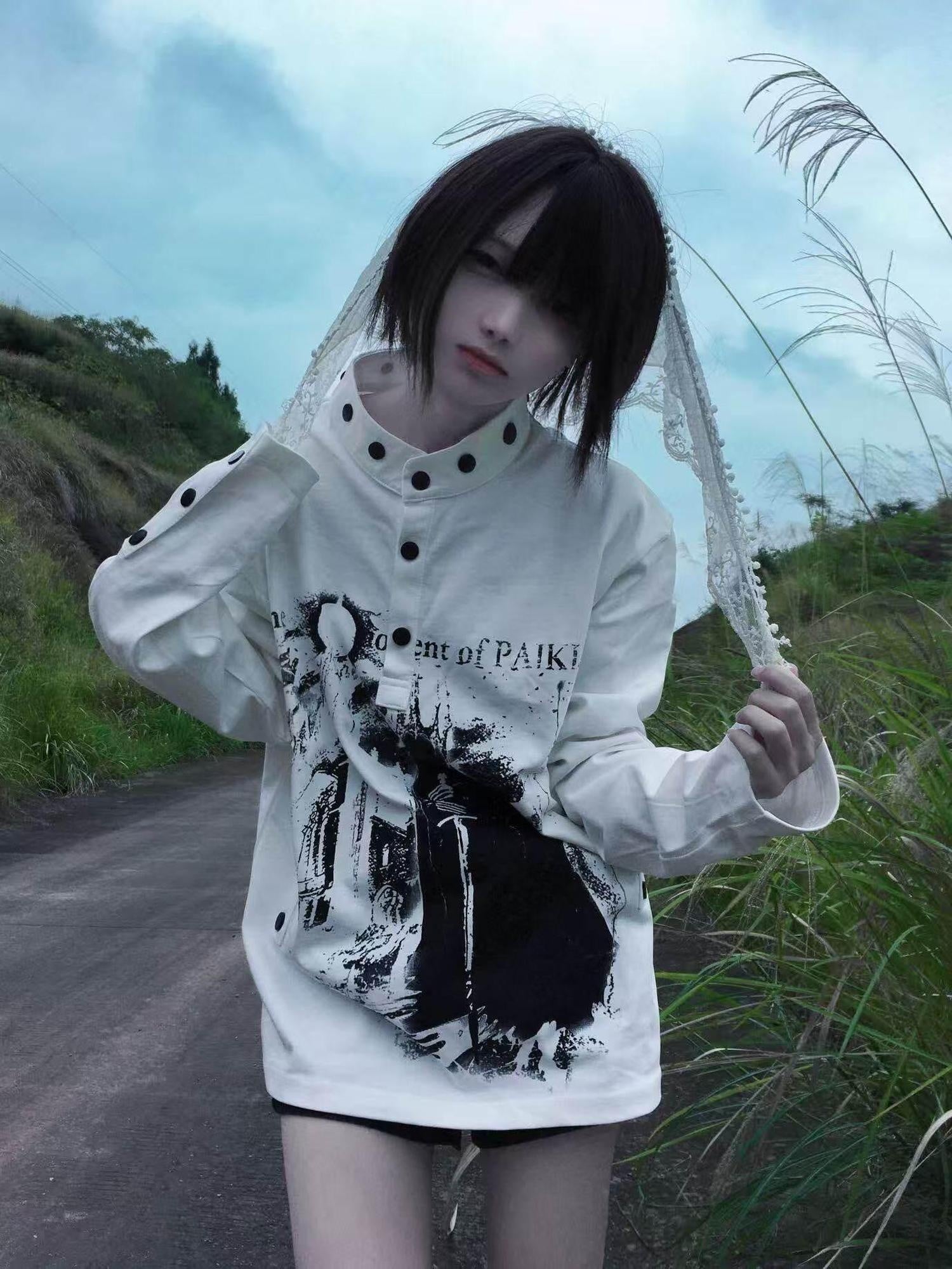 PAIKI Non Deforming Embossed Print Loose Fit V-neck Unisex Pullover Sweatshirts