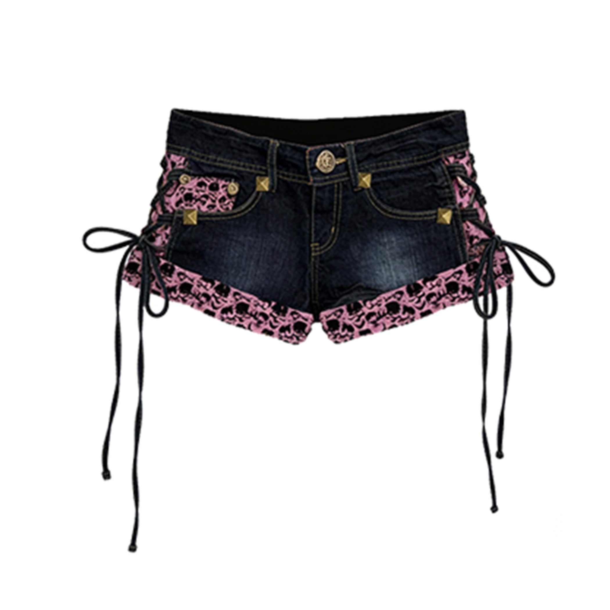 PAIKI_Patchwork_Studded_Low_Waist_Pink_Leopard_Oxford_Women_Micro_Stretch_Denim_Shorts_MISSTT