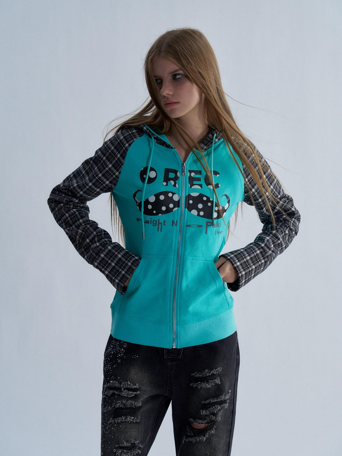 PAIKI Plaid Raglan Sleeve Moustache Print Cotton Women's Zip-up Hoodies