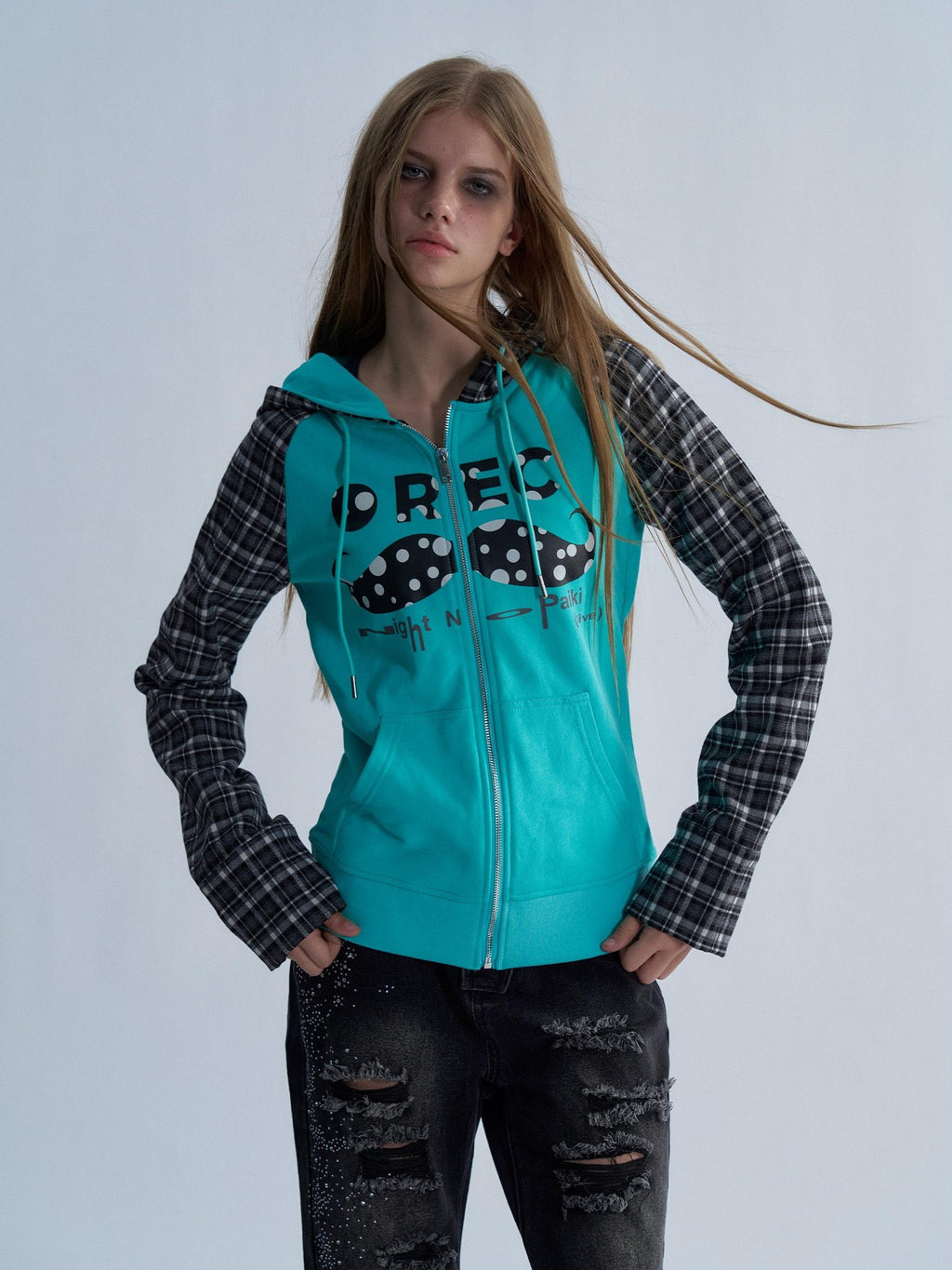 PAIKI Plaid Raglan Sleeve Moustache Print Cotton Women's Zip-up Hoodies