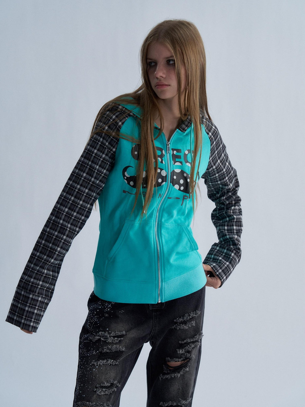 PAIKI Plaid Raglan Sleeve Moustache Print Cotton Women's Zip-up Hoodies